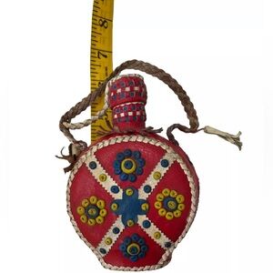 Folk Art Handmade Leather Covered Glass Flask Canteen + Jigger Glass Vintage